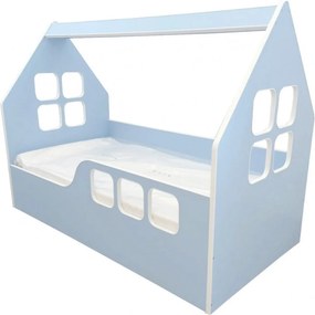 Pat tip casuta pentru copii NOVOKIDS™ Magic Blue House, 160x80 CM, Pal 18 mm, Margini anti-lovire, Protectie Laterala cu montare universala, Albastru