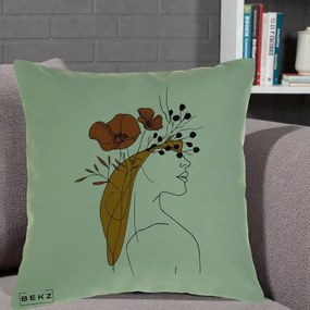 Perna Decorativa Portret Feminin Maci Rosii Auriu, 40x40 cm, Verde, Husa Detasabila, Perna Inclusa, BEKZ®