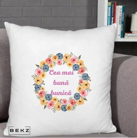 Cadou pentru Bunica - Perna Personalizata Cea Mai Buna Bunica Coronita Flori Multicolore, 40x40 cm, Alb Pufos, Husa Detasabila, Perna Inclusa, BEKZ®