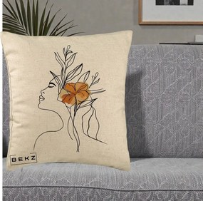 Perna Decorativa Portret Feminin Floare Portocalie Lateral, 40x40 cm, Bej, Husa Detasabila, Perna Inclusa, BEKZ®