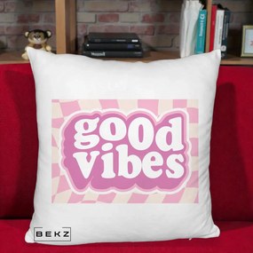 Perna Decorativa Good Vibes Retro Roz, 40x40 cm, Alb Pufos, Husa Detasabila, Perna Inclusa, BEKZ®