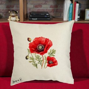Perna Decorativa Maci Rosii Acuarela, 40x40 cm, Ecru, Husa Detasabila, Perna Inclusa, BEKZ®