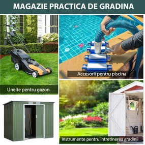 Outsunny Casuta de gradina din otel cu acoperis inclinat, usa glisanta dubla si orificii de aerisire, 213x130x173 cm | Aosom Romania