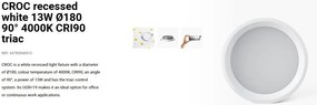 Spot LED incastrabil recessed white 13W 18cm 90 grade 4000K CRI90 triac