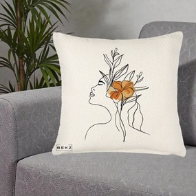 Perna Decorativa Portret Feminin Floare Portocalie Lateral, 40x40 cm, Crem Reliefat, Husa Detasabila, Perna Inclusa, BEKZ®