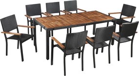 vidaXL Set mobilier de exterior, 9 piese negru, poliratan, lemn acacia