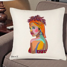 Perna Decorativa Portret Femeie Colorat Pop Art, 40x40 cm, Crem Reliefat, Husa Detasabila, Perna Inclusa, BEKZ®
