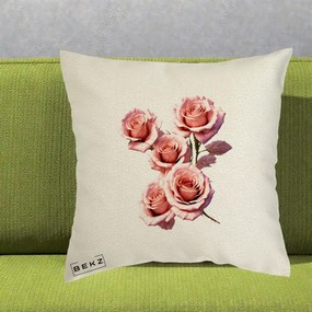 Perna Decorativa Trandafiri Roz Pastel Acuarela, 40x40 cm, Ecru, Husa Detasabila, Perna Inclusa, BEKZ®