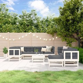 3186075 vidaXL Set mobilier de grădină cu perne, 10 piese, alb, lemn masiv
