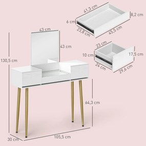 HOMCOM Masă de toaletă elegantă cu oglindă pătrată și sertare organizatoare 105,5x30x130,5 cm Alb și Auriu | Aosom Romania