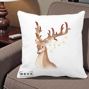 Perna Decorativa Ren cu Luminite de Craciun, 40x40 cm, Alba Mata, Husa Detasabila, Perna Inclusa, BEKZ®