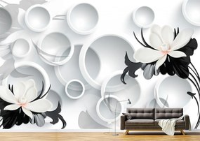 Tapet Premium Canvas - Florile alb-negre si cercurile 3d abstract