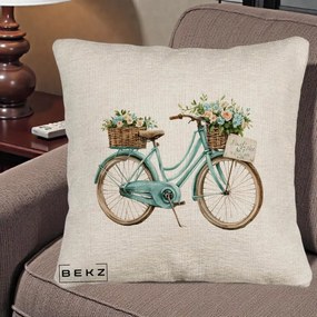 Perna Decorativa Bicicleta Teal cu Cosuri Duble de Flori Vintage, 40x40 cm, Bej Canapea, Husa Detasabila, Perna Inclusa, BEKZ®
