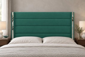 Pat tapițat din catifea Veyra 180×200 cm, verde, detalii argintii, cu ladă de depozitare