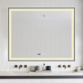 Oglindă Baie LED și Dezaburire Elit's Premium cu Senzor Touch, Lumina Rece, Caldă și Neutră, 120x80 cm, cu rama Negru Antichizat, Ceas