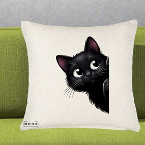 Perna Decorativa Pisica Neagra Dragalasa Curioasa, 40x40 cm, Crem Reliefat, Husa Detasabila, Perna Inclusa, BEKZ®