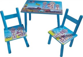 Masuta copii din MDF cu doua scaune Novokids™ My first table, Dimensiuni 59X39X40, Suprafata lucioasa, Model masinute, Albastru