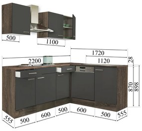 Mobilă de bucătărie de colț Yorki 220, corp din stejar Yorki, cu față antracit satinat