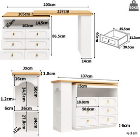 Masă de bar extensibilă cu rotire 360°, 6 sertare și raft lateral pentru gustări, 137-203x39x90 cm, Alb