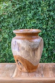 Vază decorativă, stil natural rustic, culoare natur, din lemn de tec, „Teak”