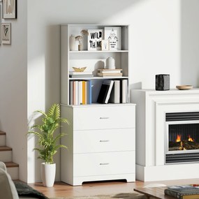 Bibliotecă HOMCOM cu 3 rafturi deschise și 3 sertare, din lemn, 79x39.5x182.2 cm, Alb | Aosom Romania