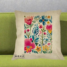 Perna Decorativa Gradina Florala Acuarela Colorata, 40x40 cm, Crem, Husa Detasabila, Perna Inclusa, BEKZ®