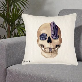 Perna Decorativa Craniu cu Cristale de Ametist, 40x40 cm, Crem Reliefat, Husa Detasabila, Perna Inclusa, BEKZ®