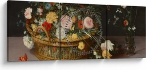 Tablou - Jan Brueghel the Elder, Flowers in a Basket and a Vase, reproducere (cu ceas) (90x30 cm)
