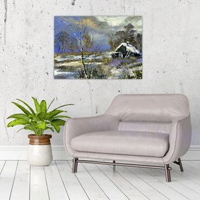 Tablou pe sticlă -Cabane într-un peisaj de iarnă, pictură în ulei (70x50 cm)