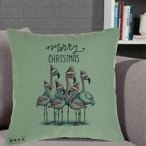 Perna Decorativa Flamingo Merry Christmas, 40x40 cm, Verde, Husa Detasabila, Perna Inclusa, BEKZ®