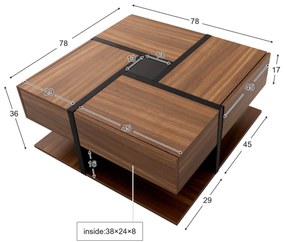 Masă de cafea cu 4 sertare, design unic de culori și linii, spațiu de depozitare inferior, 78×78×36 cm, Natural