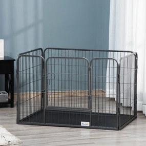 PawHut Tarc pentru Caini, Gard metalic pentru Animale cu 4 Panouri, Usa de blocare dubla si Tava Inferioara, 109x74x71cm, Gri | Aosom Romania