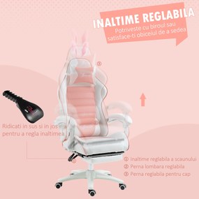 Vinsetto Scaun de Gaming Ergonomic cu Urechi de Iepure și Suport pentru Picioare Extensibil, 65x63x136-142 cm, Roz | Aosom Romania