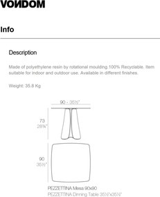 Masa de exterior / interior design modern premium PEZZETTINA TABLE 90x90x73 56014 Vondom
