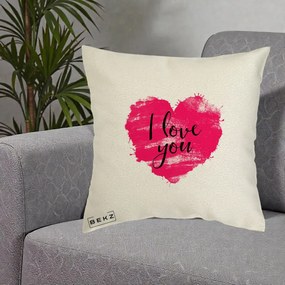 Cadou Romantic - Perna Personalizata I Love You Inima Roz, 40x40 cm, Ecru, Husa Detasabila, Perna Inclusa, BEKZ®