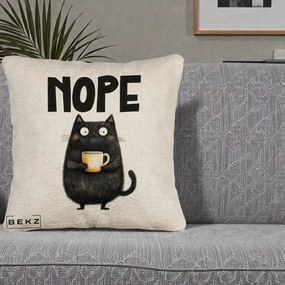 Perna Decorativa NOPE Pisica Neagra Cafea, 40x40 cm, Bej Canapea, Husa Detasabila, Perna Inclusa, BEKZ®
