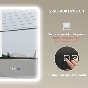 HOMCOM Oglindă de baie LED bluetooth 70 x 90 cm interruptor tactil lumină reglabilă 3 culori anti-abur memorie argintiu | Aosom Romania