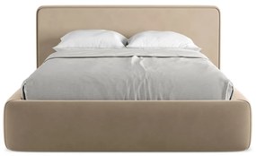 Pat matrimonial maro deschis tapițat cu spațiu de depozitare cu somieră 140x200 cm Kiana – Makamii