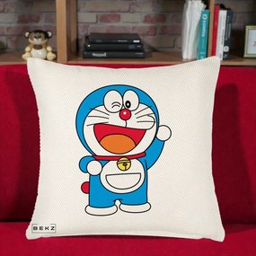 Perna Personalizata Doraemon Salutand, 40x40 cm, Crem Reliefat, Husa Detasabila, Perna Inclusa, BEKZ®