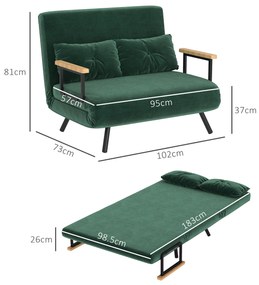 HOMCOM Canapea Pat de 2 Locuri cu Spătar Reglabil pe 5 Nivele, Canapea Pat Pliabilă cu 2 Perne, 102x73x81 cm, Verde | Aosom Romania