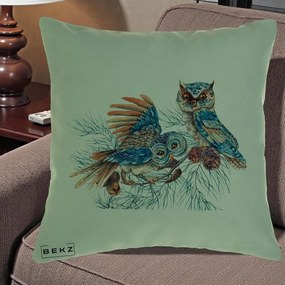 Perna Decorativa Bufnite de Iarna Albastre, 40x40 cm, Verde, Husa Detasabila, Perna Inclusa, BEKZ®