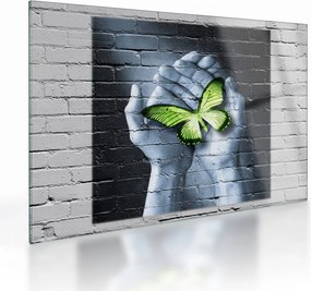Tablou pe sticlă - Fluture verde în perete (70x50 cm)