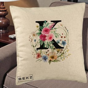 Cadou Personalizat - Perna Personalizata Monogram Litera K cu Flori Acuarela, 40x40 cm, Bej, Husa Detasabila, Perna Inclusa, BEKZ®