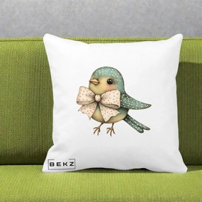 Perna Decorativa Pasare Teal cu Fundita cu Buline, 40x40 cm, Alba Mata, Husa Detasabila, Perna Inclusa, BEKZ®