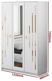 Dormitor Gold, culoare alb / auriu, pat standard 160x200 cm, dulap 123 cm, comoda si 2 noptiere