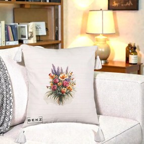 Perna Decorativa Buchet Mixt Acuarela Lavanda-Trandafiri, 40x40 cm, Bej cu Franjuri, Husa Detasabila, Perna Inclusa, BEKZ®