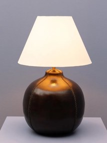 Lampă de masă din piele maro cu abajur din bumbac bej, formă sferică, finisaj vintage, 54×38 cm, „Bulga"