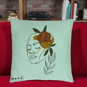 Perna Decorativa Portret Feminin Trandafir Ruginiu, 40x40 cm, Verde Menta, Husa Detasabila, Perna Inclusa, BEKZ®
