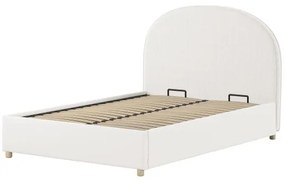 Set MOON: pat tapițat pentru copii 90 x 200 cm, alb, cu țesătură bouclé și spațiu de depozitare + taburet alb multifuncțional – Vipack