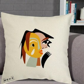 Perna Decorativa Portret Abstract Galben-Ocru, 40x40 cm, Ecru, Husa Detasabila, Perna Inclusa, BEKZ®